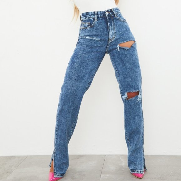 PrettyLittleThing Pants - Light Blue Wash Ripped Split Hem Jeans
